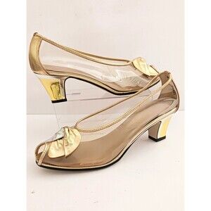 VTG 60s California Magdesians Clear Vinyl Low Heel Pump Metallic Leather Trim 7M